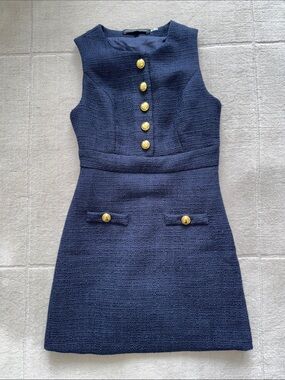 English Factory Navy Tweed Mini Dress with Gold Buttons